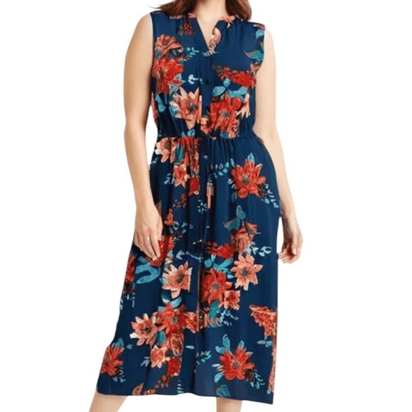 Talbots Navy Tropical Floral Sleeveless Button‎ Front Dress Size 18W - Picture 1 of 10